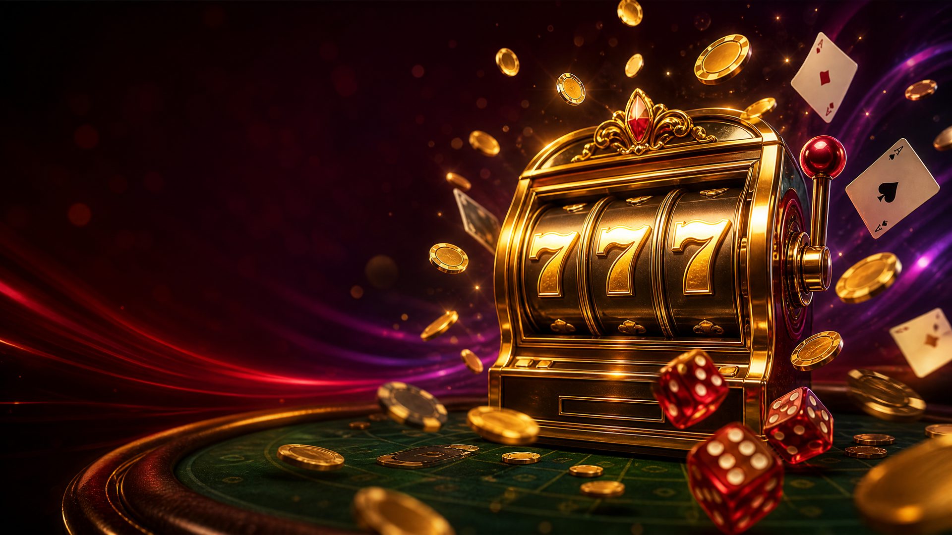 Ilustrasi suasana lobi permainan kasino online Mantapslot dengan mesin slot emas dan koin